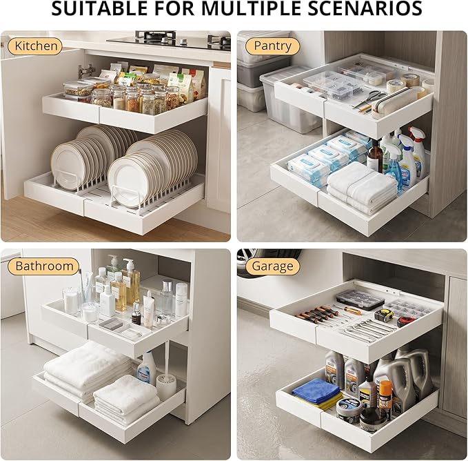 DOMNIU 4 Pack Pull Out Cabinet Organizers Expandable Width (12.4''-20.27'') | Upgrade 3 Slide Rails Sliding Drawer for Kitchen Cabinet Organizer with Adhesive Nano Film, White