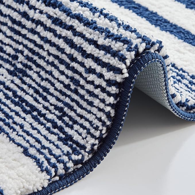 CozeCube Navy Blue Striped 36"x24" Non Slip Washable Bath Mat | For Bathroom, Fluffy Absorbent Microfiber Bath Mats Machine Wash, Stylish Large Aesthetic Bathroom Rugs