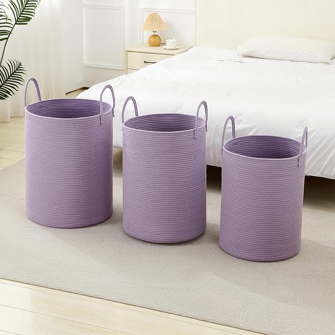 Laundry Basket Hamper Tall Rope Storage Woven for Blanket Toys Dirty Clothes in Living Room Bathroom Bedroom Purple 60L/15.8Gal