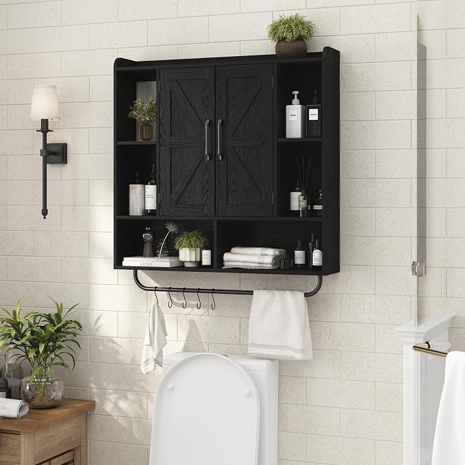 RUSTOWN Rustic Bathroom Wall Storage Cabinet with 2 Barn Doors, Black | Farmhouse Medicine Cabinet, Wall Mounted, Space Saving, 3-Tier Adjustable Shelves, Towel Bar, 5 Hooks