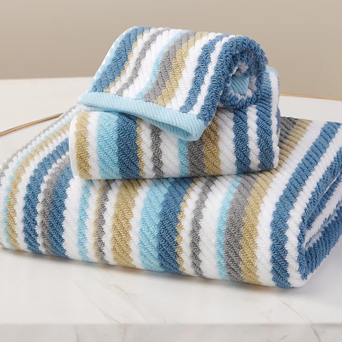 VOOVA & MOVAS Striped Towels 3 Pack, 100% Cotton, Blue Gray Beige | Ideal for Household & Guest Bathroom, 13x13, 16x27, 28x52 In, Quick Dry, Soft, Absorbent, Bath Towels with Hanging Loops