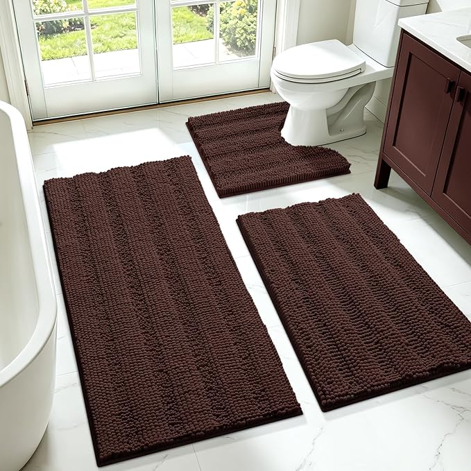 Striped Brown Bathroom Rug Set 3 Pieces Ultra Soft, Non Slip Chenille Toilet Mat, Absorbent Plush Shaggy Bath Mats for Bathroom, Bedroom, Kitchen