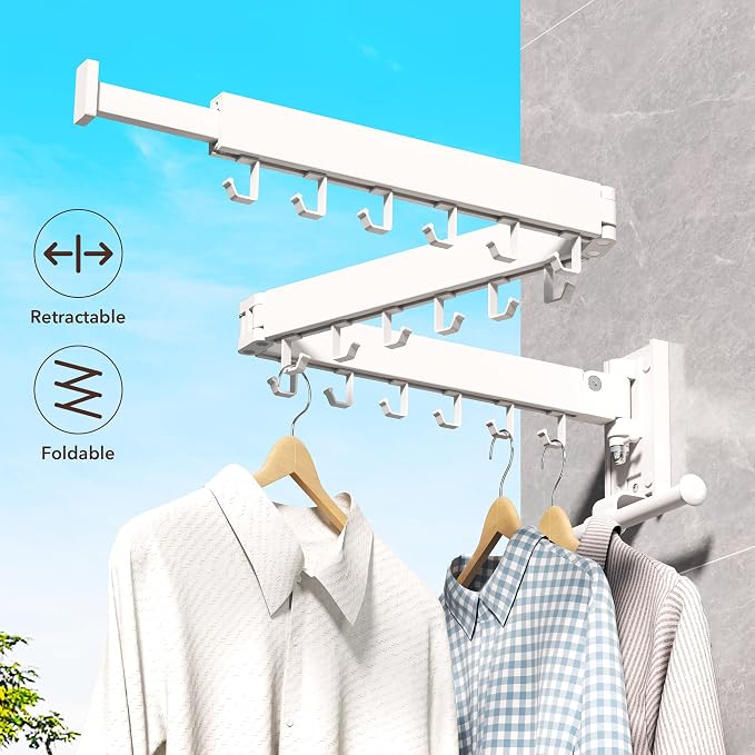 ZdwCyl Clothes Drying Rack,Laundry Drying Rack Wall Mount, Wall Mounted Clothes Rack,Retractable,Collapsible(Tri-Fold),Drying Rack Clothing,can Fold Upward & Left & Right,Space Saver, White Color
