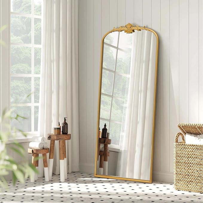 Besdomus Vintage Mirror Full Length: 21"x56" Gold Long Arched Body Mirrors | French Floor Standing Metal Framed - Antique Baroque Traditional Ornate - Ideal for Foyer/Cloakroom/Bedroom/Dressing Room