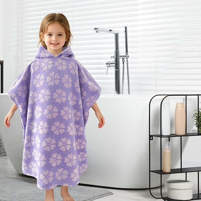 VOOVA & MOVAS Kids Poncho Towel, 4-6 Years, 100% Cotton,Purple Flower | Floral Jacquard Pattern, Soft, Absorbent & Quick Dry, Suitable for Bath, Pool, Swim and Beach