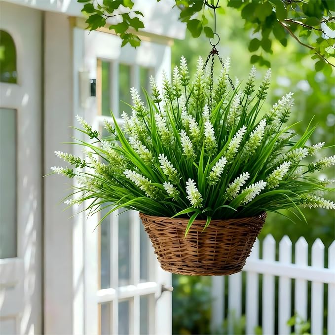 Geegoods 24 Bundles White Artificial Plants Flowers Outdoor, UV Resistant | Faux Plants with Monkey Grass, Realistic Plastic Flowers for Garden Porch Window Box Patio Hanging Planter Decor