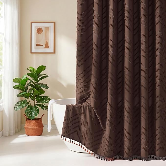 Siiluminisoy Brown Shower Curtain Fabric Shower Curtain for Bathroom 72 x 72 Tufted Chevron Textured Striped Modern Farmhouse Minimalist for Bathroom