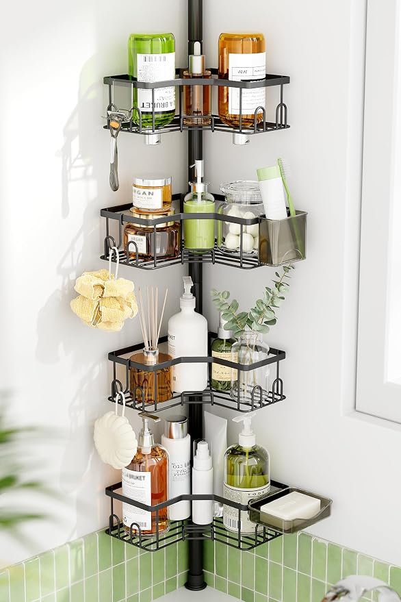 Corner Tension Pole Shower Caddy, 4 Tier Rustproof Shower Tension Rod Organizer with Soap Holder & Hooks, Adjustable 34-125 Inch Bathroom Shelf for Renters - Family Stand Storage Rack, Black