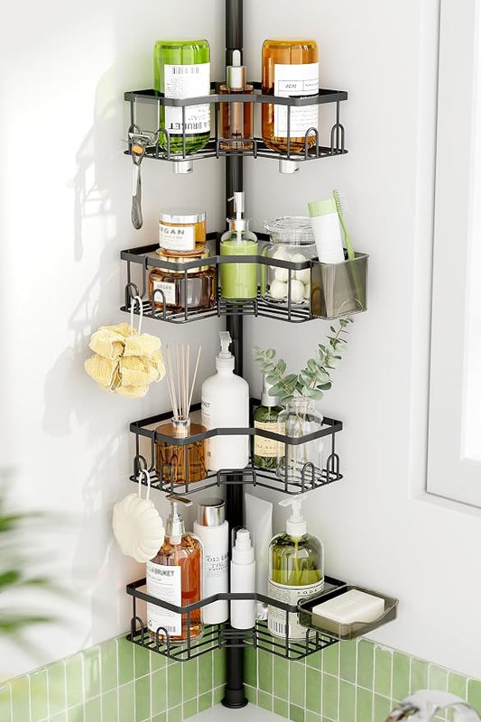 Corner Tension Pole Shower Caddy, 4 Tier Rustproof Shower Tension Rod Organizer with Soap Holder & Hooks, Adjustable 34-125 Inch Bathroom Shelf for Renters - Family Stand Storage Rack, Black