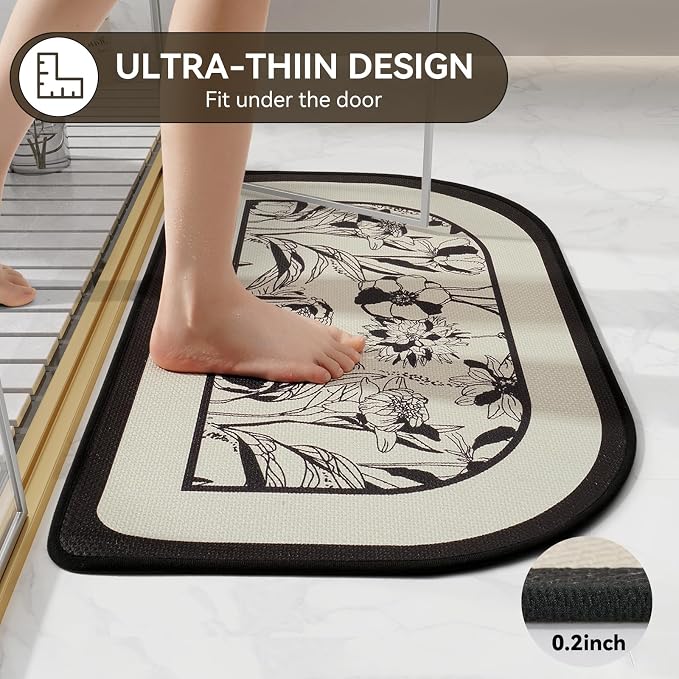 Half Circle Bath Mat, Thin Bathroom Rugs Fit Under Door, Black 16x24 | Non Slip, Quick Dry Absorbent, Rubber Backing Washable, Semi Circle Bathmat for Bathroom Floor, Tub and Shower, Home Decor