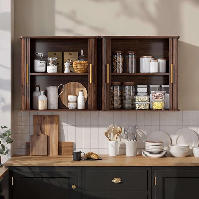 FIMELLO 59" W Laundry Room Cabinets Wall Mounted, Kitchen Wall Cabinet with Sliding Tambour Door, Floating Cabinet for Wall, Upper Cabinets, Hanging Wall Cabinets, Brown Walnut