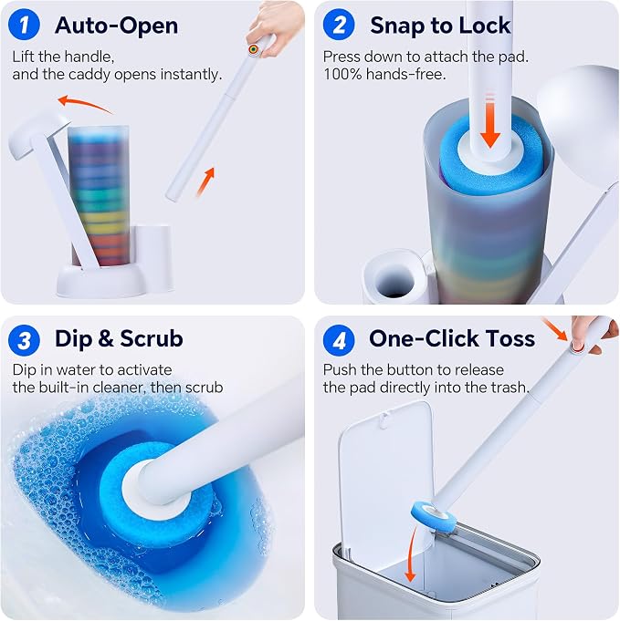 Disposable Toilet Brush Set with Caddy, 2 Handles, 28 Refills | Hands-free eject, secure-lock heads, 17 in handles, floor-standing caddy, preloaded sponge refills for toilet bowl cleaning