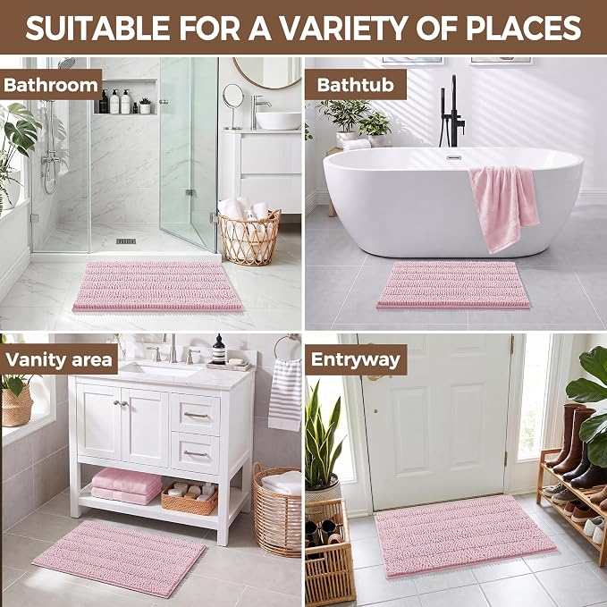 Bcoimo Bath Rug Mat,30x20 Chenille Non Slip Pink Bathroom Floor Shower Mats | Extra Soft Bathroom Rugs;Non Slip with Rubber Backing Bath Mats;High Absorbent And Quick Dry Microfiber mat; Machine Washable