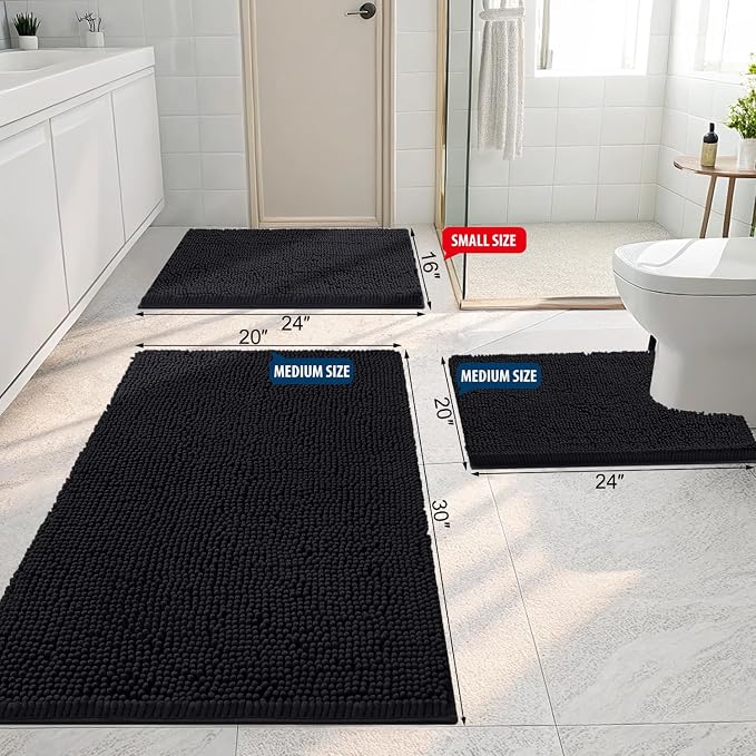 Smiry Bathroom Rugs 48X32, Luxury Chenille Extra Soft Absorbent Bath Mat | Black, Machine Washable Non-Slip Plush Bath Mats for Bathroom, Tub, Shower, and Floor, Home Decor