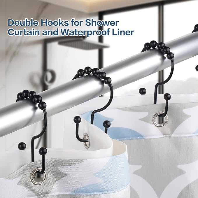 DAWNER Shower Curtain Hooks Rings, Rust Proof Hooks, Metal Easy Glide Double Shower Rings Hooks, Stainless Steel Shower Curtain Hangers for Bathroom Shower Curtains, Set of 12 Hooks, Matte Black