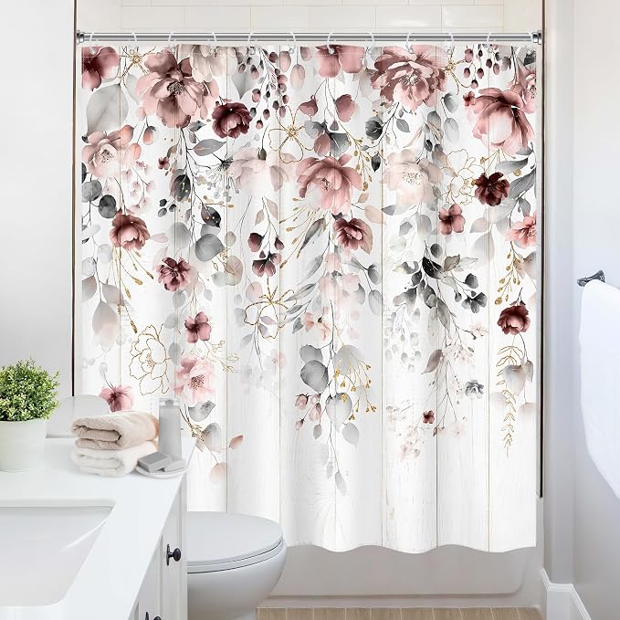 Rusic Floral Grey Pink Eucalyptus Leaves Bathroom Shower Curtain Set | 72"W x 72"L Flower Blossom look, waterproof HD printed shower curtain, quick-dry fabric and free hooks.