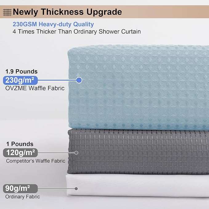 Waffle Shower Curtain Set for Bathroom, Textured Heavy Duty Fabric Bath Curtains, Luxury Hotel Weighted 230GSM Bathroom Decor with 12 Plastic Hooks, Machine Washable, 72Wx72L, Glacier Blue