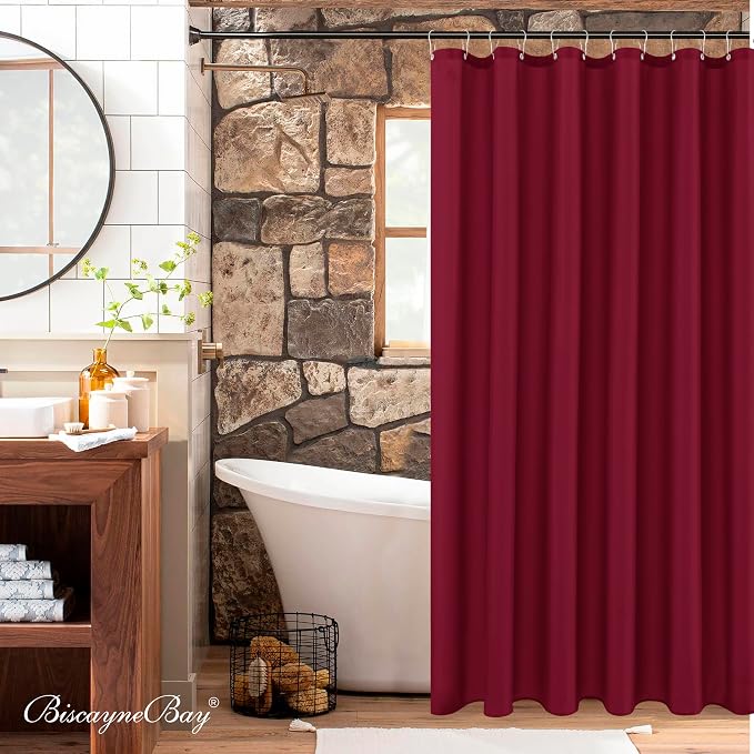 Biscaynebay Extra Long Fabric Shower Curtain Liners 72" Width by 84" Length, Burgundy Water Resistant Bathroom Curtains Rust Resistant Grommets Top Weighted Bottom Machine Washable