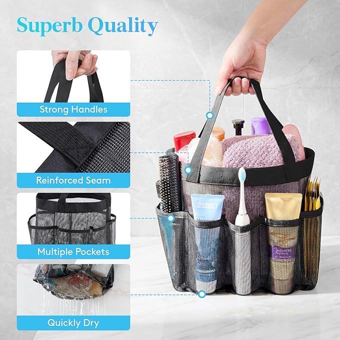 Lifewit Mesh Shower Caddy Portable, Dorm Room Essentials, 2 Packs, Black | 2 Handles, Freestanding, Quick Dry Tote Bag, 7 Pockets, for Toiletry, Bathroom, Beach, Swimming, Gym, Camping, Travel