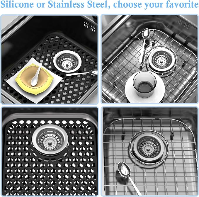 2 Pack Silicone Sink Protector Mat for Kitchen Sink Rear Drian Black | 13-9/16" x 11-5/8" Non-Slip Heat-resistant and Durable Silicone Grid