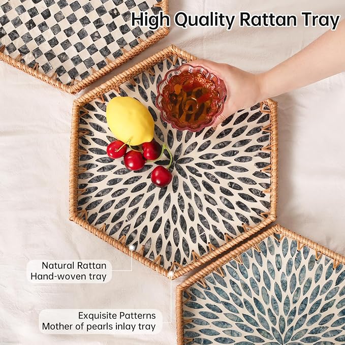 Hexagon Rattan Tray with Mother of Pearl Inlay, Rattan Serving Tray for Coffee, Bread, Fruits, Snacks, Decorative Wicker Tray for Table Decor, Home Decor (Black Leaves, 14.5"×12.8")