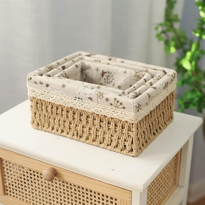 YRHOME YRMT Storage Baskets Set of 3,Decorative Paper Rope Woven storage Baskets with Liner,Rectangular Storage Bins Container for Makeup Bedroom Shelves Organizing,Home Deco, Beige