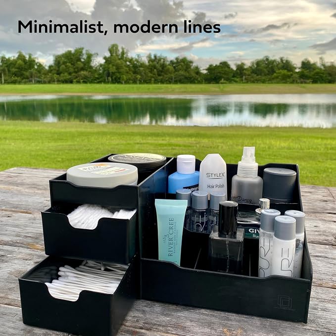 Large Black Vanity Organizer - Countertop Mens Organizer With Drawers for Cologne, Deodorant, Beard, Shaving Lotion, Perfume & Skincare - Perfect for Bathroom & Bedroom Storage