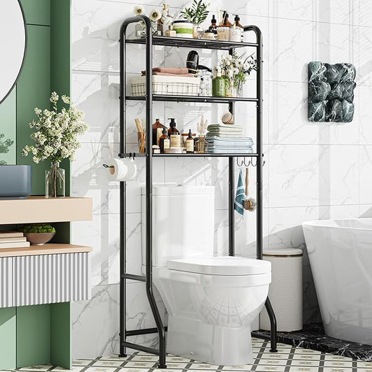Simple Trending Over The Toilet Storage Rack, Metal 3 Tier Bathroom Organizer Shelf with Paper Holder and 3 Hooks, Freestanding Shelf Space Saver Above Toilet,Black