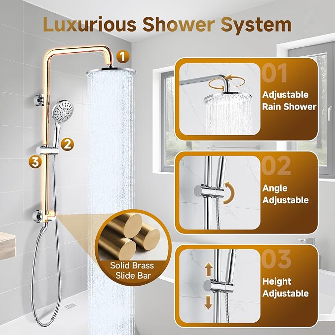 BRIGHT SHOWERS Rain Shower Heads System Including Rainfall Shower Head and Handheld Shower Head with Height Adjustable Holder, Solid Brass Rail, 60 Inch Long Stainless Steel Shower Hose, Chrome