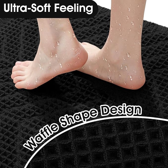 Upgraded Waffle Bath Mat Set 3 Piece Black-Herringbone, Super Absorbent Non-Slip Quick Dry Bathroom Rugs with Tassels, Machine Washable Ultra Soft Boho Bath Rugs, Toilet Mats Boho Farmhouse Decor