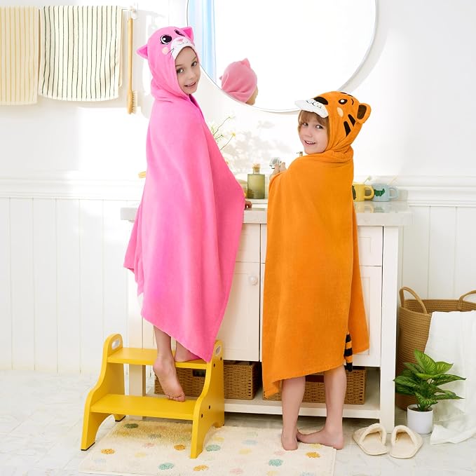 Joiedomi Hooded Towel for Kids Soft 100% Cotton Bath Beach Towel 30" x 50" for Kids 3-8 Years Toddler Pool Poncho with Hood Absorbent Swim Wrap for Boys Girls Yellow Tiger