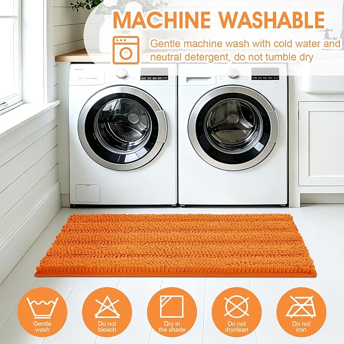 Striped Orange Bathroom Rug Set 3 Pieces Ultra Soft, Non Slip Chenille Toilet Mat, Absorbent Plush Shaggy Bath Mats for Bathroom, Bedroom, Kitchen