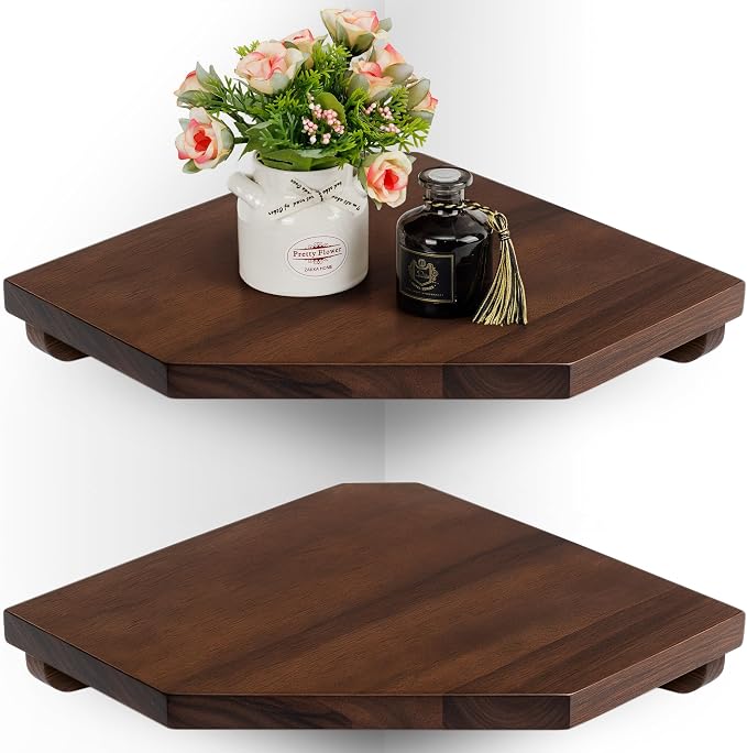 Demigo Hexagon Corner Floating Shelves, 2-Pack Acacia Wood Wall Shelf | Upgraded Wall Mounted Storage with Hidden Brackets, Modern Space-Saving Shelves for Bedroom Living Room Office Kitchen