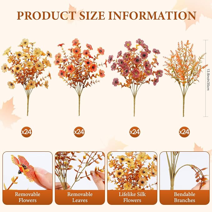 SHareconn 96 Bundles Fake Fall Flowers UV Resistant Outdoor Decor | Artificial Fall Flowers Silk Violet Lavender, Faux Fall Flowers Outside for Patio, Porch, Garden, Yard and Home, 3 Colors