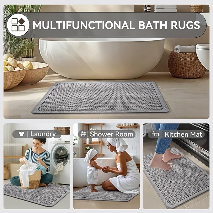 Non Slip Bath Mat, Thin Bathroom Rugs Fit Under Door, Grey 16x24 | Quick Dry Absorbent, Rubber Backing Washable Bathmat, Shower Mat for Bathroom Floor, Tub and Outside Shower, Home Decor