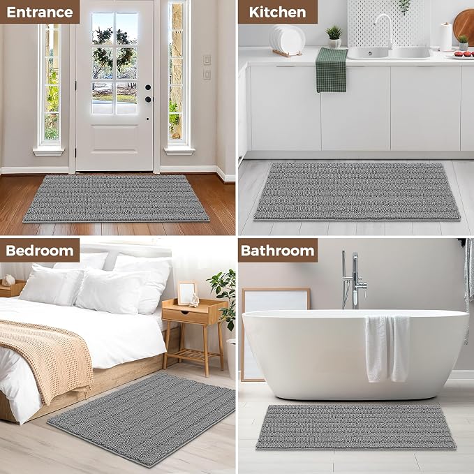 Bcoimo Bath Rug Mat,48x30 Chenille Non Slip Gray Long Bathroom Runner Rugs | Extra Soft Bathroom Floor Mats;Non Slip with Rubber Back Bath Mats;High Absorbent, Quick Dry Microfiber mat; Machine Washable