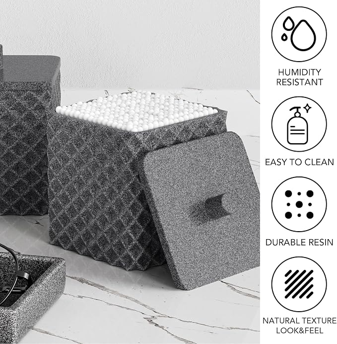 Bathroom Accessories Set Resin 6PCS, Square Toothbrush Holders Set Complete with Soap Dispenser, Vanity Tray, Tumbler, Cups and Cotton Swab Jars (Gray Diamond, Resin Bath 6 PCS)