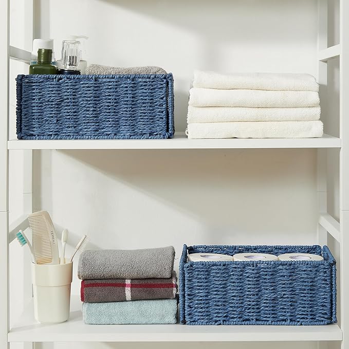 Wicker Storage Basket, Set of 2 Hand-Woven Paper Rope Wicker Basket, Small Storage Baskets for Organizing Toilet Paper Basket, Foldable Large Cube Storage Organizer Bins for Shelves (Blue)