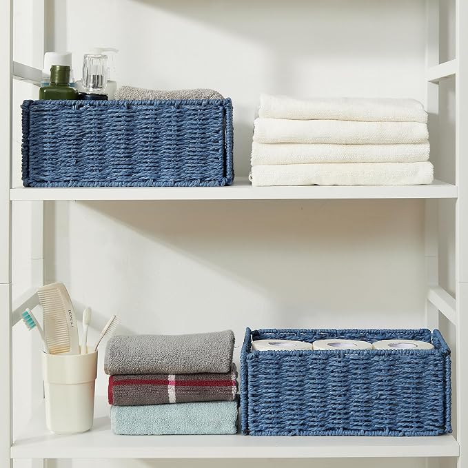 Wicker Storage Basket, Set of 2 Hand-Woven Paper Rope Wicker Basket, Small Storage Baskets for Organizing Toilet Paper, Foldable Large Cube Storage Organizer Bins for Shelves (Blue)