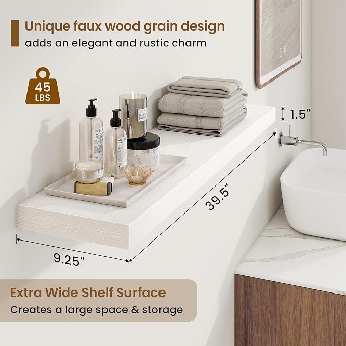 Marsmiles 9.25in Depth 40in Floating Shelves, 40x9.25x1.4, White, Set of 2 | Wall Mounted Engineered Wood Shelves, Invisible Brackets for Living Room, Bedroom, Bathroom, Kitchen Decor and Storage
