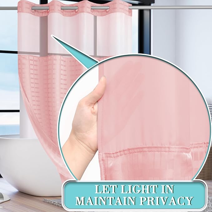 Conbo Mio Stall No Hook Shower Curtain with Snap in Liner Set, Hotel Luxury Pink Shower Curtains for Bathroom with See Through Top Window, Waterproof, Washable 54W x 74H