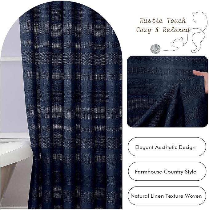 Navy Blue Shower Curtain for Bathroom, Boho Linen Textured Shower Curtain with Tassel, Rustic Striped Heavy Duty Vintage Country Bathroom Curtain, 72Wx72L Inches