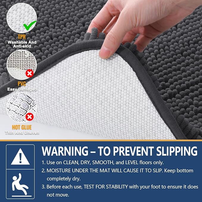 Arotive Bathroom Rugs 36x24, Soft Absorbent Shaggy Chenille Bath Rugs | Dark Grey, Machine Washable Rubber Backing Bath Mats for Bathroom Floor Tub and Shower Home Decor Accessories