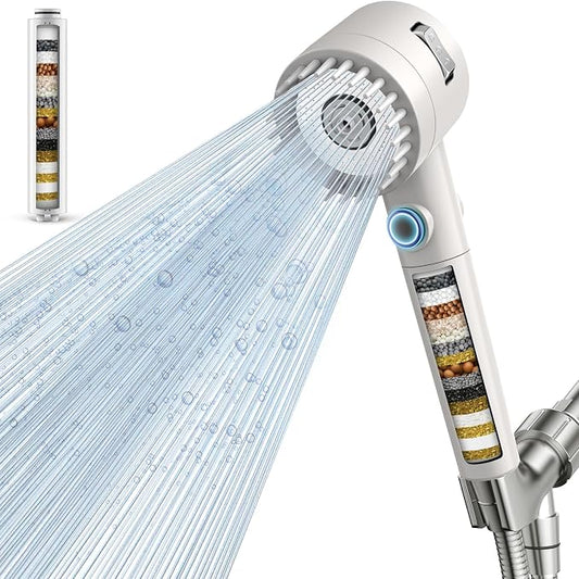 Filtered Shower Head with Handheld,High Pressure 5 Mode Shower with Filters | ON/OFF Switch Shower Filter Head for Hard Water, Remove Chlorine, Reduce Dry Itchy Skin,Holder & 60'' Hose Showerhead