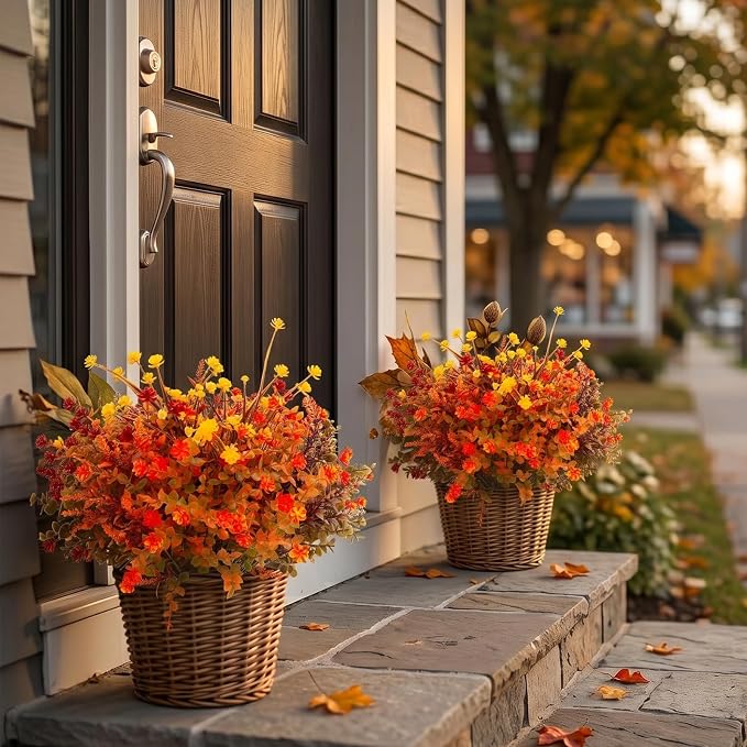 Hananona 12 Pcs Artificial Fall Flowers Outdoor, Faux Artificial Plants UV Resistant Plastic Autumn Flower for Hanging Planter Front Door Porch Window Home Decor (12, Orange)