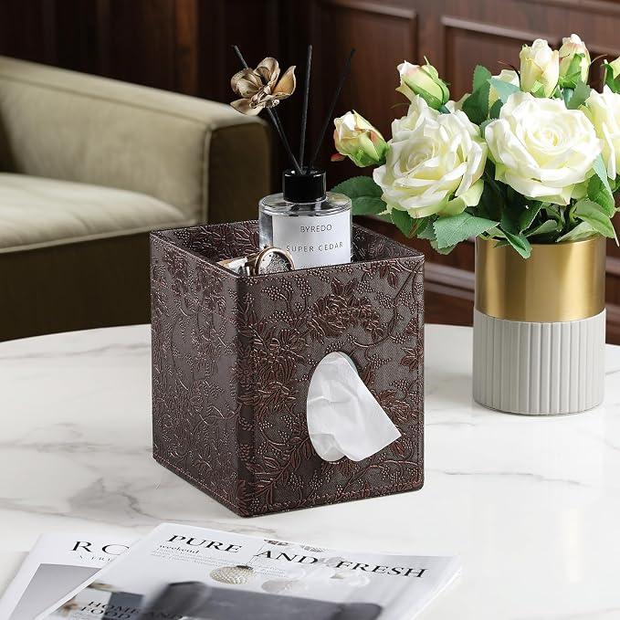Square Tissue Box Cover, Stylish Leather Tissue Box Holder with Magnetic Bottom, Used As A Decorative Tissue Holder for Living Rooms, (Beige Woven Pattern) (Two-Layer Brown Grape Pattern)