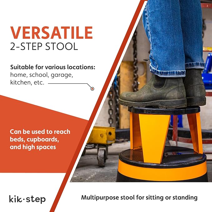 Round Step Stool for Kitchens, Cramer Kik-Step Heavy Duty Rolling Steel Stool, Non-Slip, Holds 350 lbs (White)