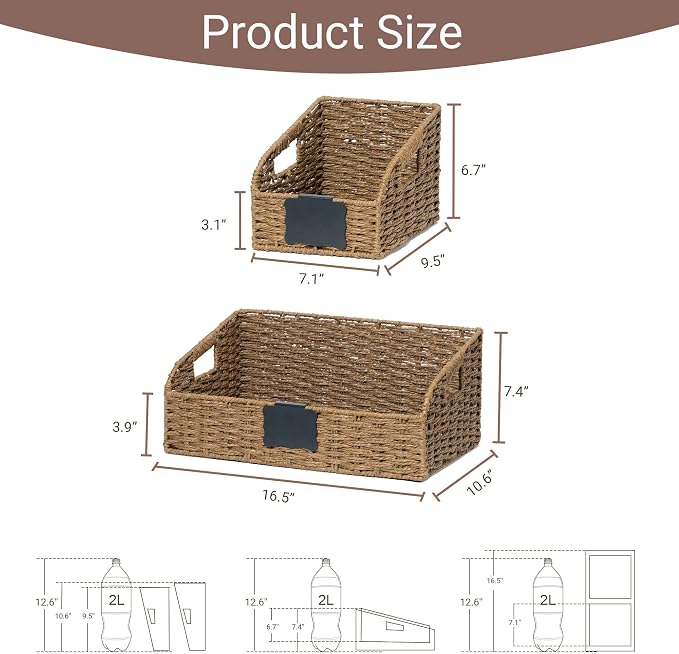 Wicker Baskets for Organizing, Pantry Baskets with Built-in Handles, Handwoven Large Storage Basket - Paper Storage Bins for Shelves, 3 Pack, Brown - 2 Set