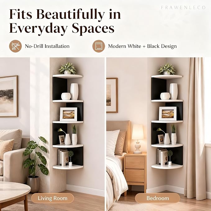 No-Drill Corner Shelf Wall Mount, 5-Tier Floating Corner Bookshelf with Hooks, Space-Saving Zigzag Plant Shelf for Bedroom, Living Room, Bathroom, Home Office(White & Black)