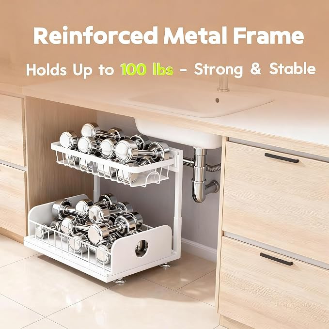 Under Sink Organizer, 1 Pack Under Kitchen Cabinet Organizer, Height Adjustable Pull Out Mute Slide-Out 2 Tier Metal Under Sink Storage for Bathroom, Pantry, Kitchen & Bedroom (White, 1 Pack)